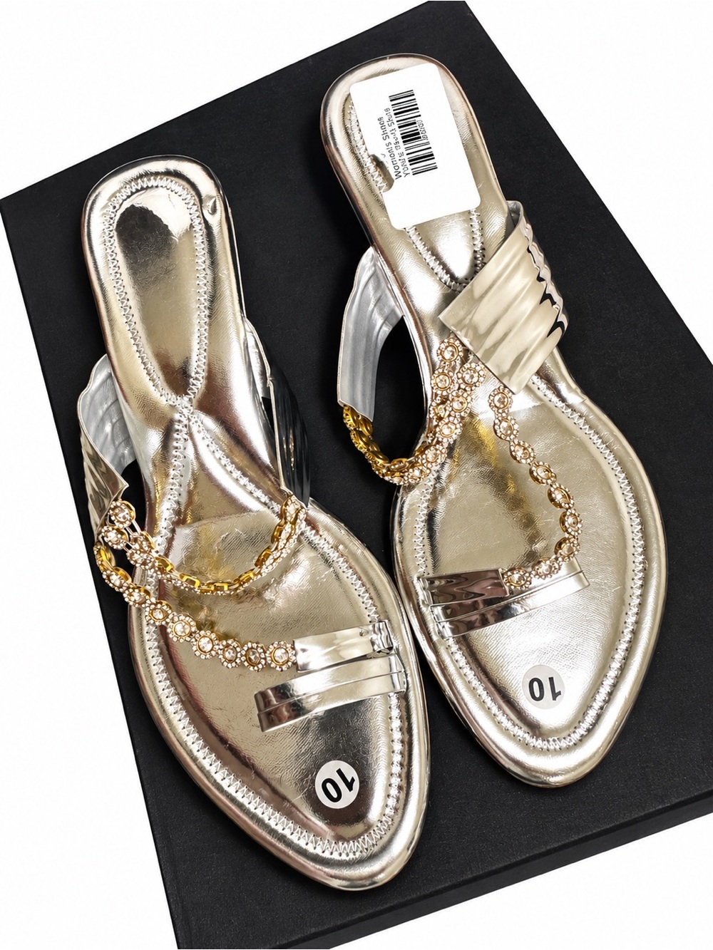 Silver Rhinestone Gold Chain Flat Sandals – Size 10